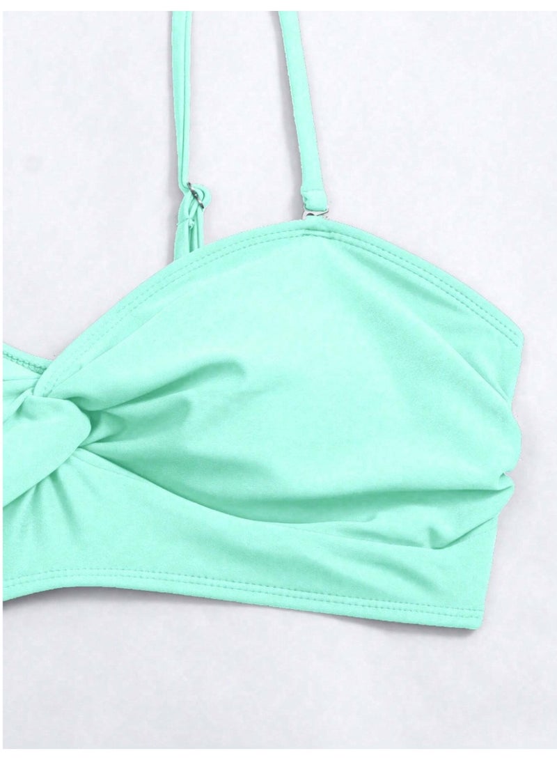 SHEIN Swim Women Solid Color Spliced Bikini Set With Ruffles, Twist And Separated Bikini Set For Vacation,Summer Beach - Image 5
